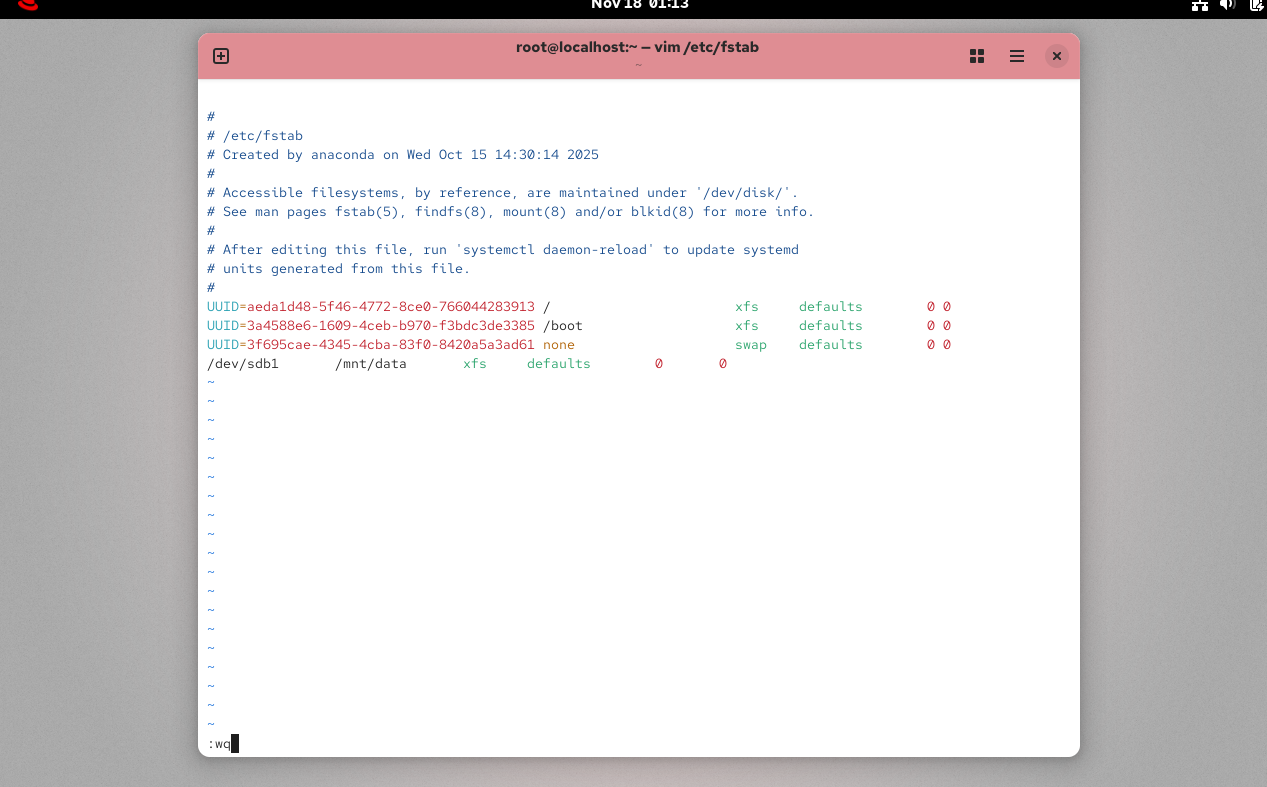 编辑 /etc/fstab 实现永久挂载