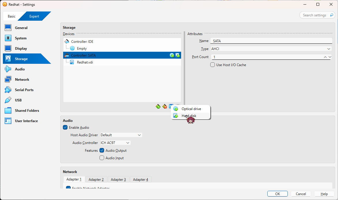 通过 VirtualBox 设置添加新磁盘